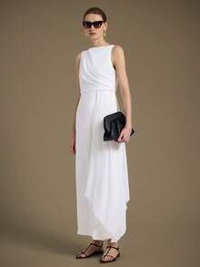 Ontre 2025秋冬季季节女装连衣裙，返校，万圣节，圣诞节，教师装，夜间外出女士纯色圆领褶皱拼接丝带设计无袖优雅连体裤优雅知性女性婚礼宾客礼服套装和美丽的法式宽松高端知性优雅感老钱风格巡航服装度假装四季现代度假游牧休闲时尚百搭女装乡村演唱会服装西方风格女装 - 白色 - 查看 5