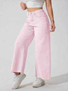 SHEIN ICON 女式休闲宽松阔腿纯色牛仔裤 - 粉色 - 查看 5