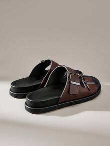 Solecia Retro Leather Flat Double Buckle Slippers For Men, Versatile Beach Wear, New 2025 Summer Collection - Bronze - View 5