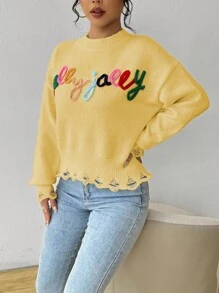 SHEIN Unity 女士圆领长袖彩色字母做旧休闲针织毛衣 - 淡黃色 - 查看 5