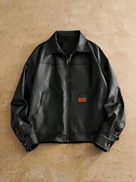 HIMLAND Men's Long Sleeve Casual Woven PU Leather Collar Jacket, Suitable For Everyday Wear Black Streetwear Jacket With Pockets Loose Fit , Fall Winter