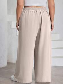 SHEIN CURVE+ 大码女式纯色褶皱裤，黑色宽松阔腿裤，曲线加大，波西米亚度假风 - 卡其色 - 查看 2