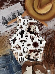 SHEIN EZwear Casual Minimalist Cactus Graphic Round Neck Tight Fit Women Tank Top, Suitable For Summer Chic - Multicolor - View 2