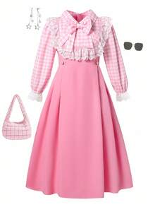 女童秋季连衣裙，时尚百搭校园风，胸前粉色蝴蝶结装饰，泡泡袖搭配蕾丝袖口，后背隐形拉链，适合外出、上学、购物、返校装，可搭配夹克 - 粉色 - 查看 3