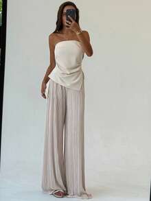 Aloruh Bộ 2 món áo sơ mi ôm sát xếp ly tối giản màu mơ + quần ống rộng xếp ly dài thêm cho nữ, thích hợp mặc đi làm và đi làm - Màu be - Xem 5