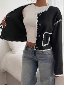 Siren Gaze 女士圆领夹克，刺绣撞色饰边夹克，休闲街头风格女士夹克，通勤女士服装 - 黑色 - 查看 6