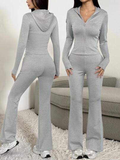 Sparklyn Teen GirlCasual Basic Sports Yoga Daily Home Hooded Fitted Jacket + Flare Pants Knit Suit, Autumn/Winter Fall