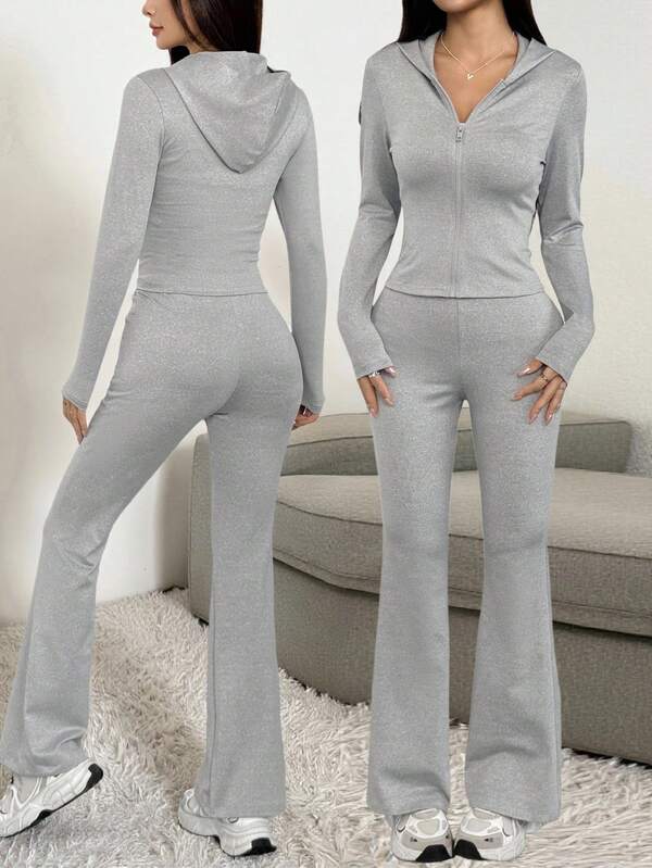 Sparklyn Teen GirlCasual Basic Sports Yoga Daily Home Hooded Fitted Jacket + Flare Pants Knit Suit, Autumn/Winter Fall