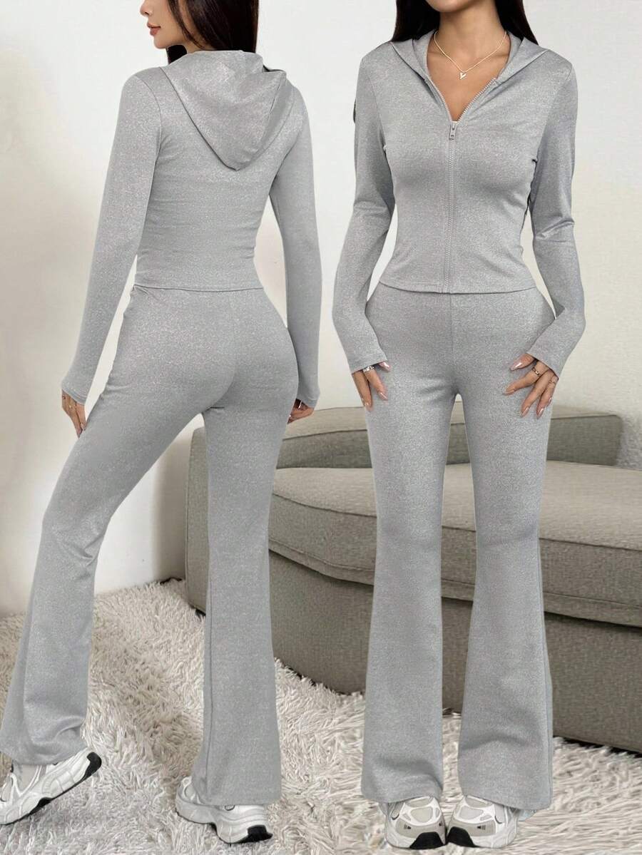 Sparklyn 少女休闲基础款运动瑜伽日常居家连帽修身夹克+喇叭裤针织套装，秋冬 - 灰色 - 查看 1