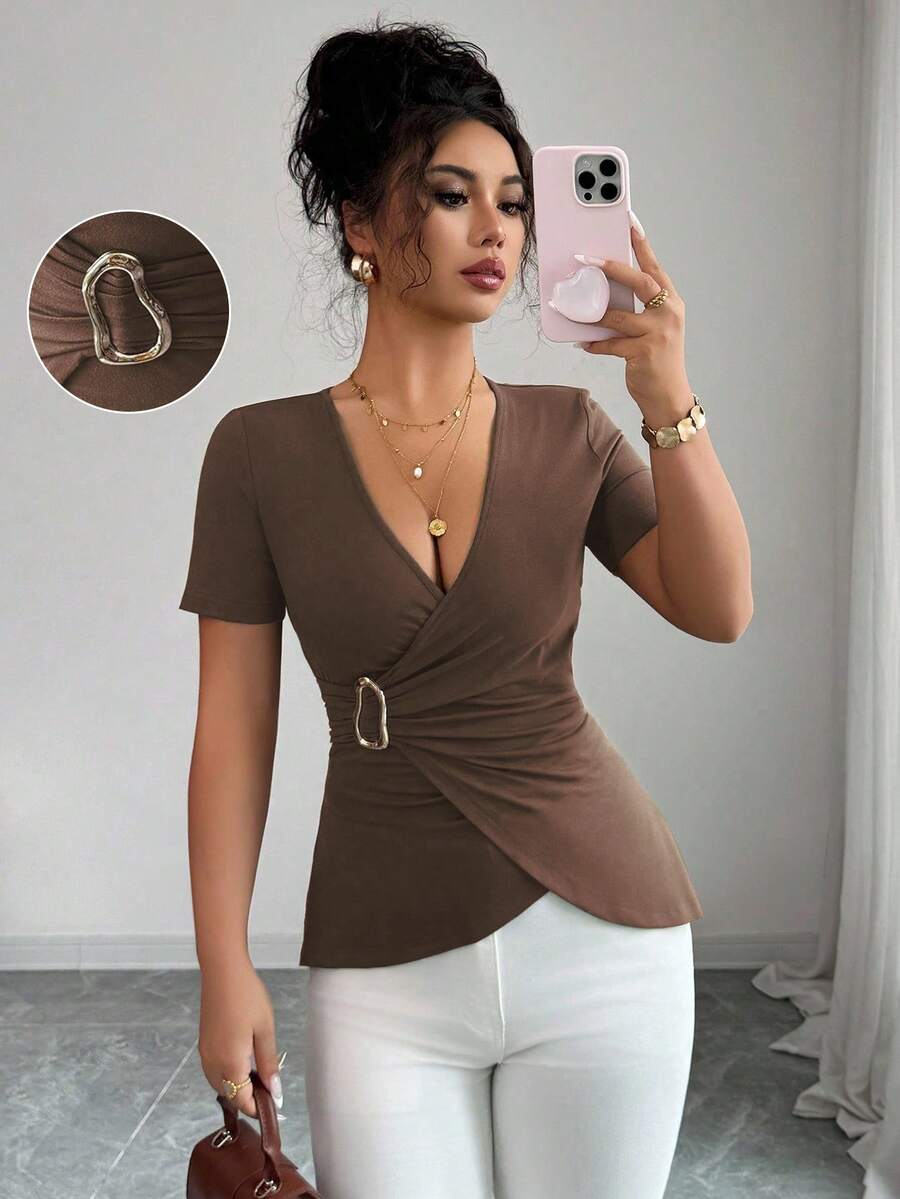 Elenzga Women's Asymmetric Ring Detail Ruched Waist Short Sleeve T-Shirt, Suitable For Commuting And Daily Wear, Summer