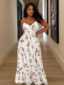 Alexandranx Women's Ditsy Floral Ruffle Hem Sleeveless Dress, Suitable For Vacation - Apricot - View 4