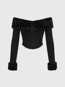 ROMWE Grunge Punk 性感露肩紧身毛绒女式上衣 - 黑色 - 查看 1