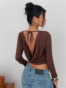 SHEIN EZwear 女士露背修身长袖T恤，秋冬新品 - 棕色 - 查看 5