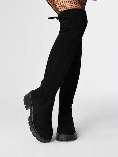 Goth Damen Mode Overknee Stiefel mit komfortablem rundem Zehenbereich, massivem Blockabsatz, kniehohe Herbststiefel mit verstellbarem Kordelzug und Seitlichem Reißverschluss