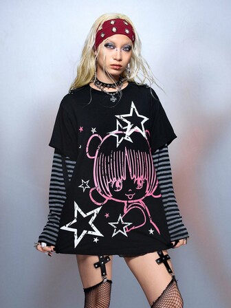 Black Jack X ROMWE Damen Gestreiftes und Cartoon-Figur Grafik Rundhals Langarm T-Shirt