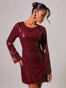 COSMINA Vestido mini de fiesta ajustado con lentejuelas y espalda descubierta - Burdeos - Ver 2