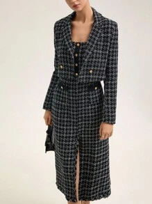 BELROSIE Conjunto de traje de tweed estilo británico, chaqueta blazer corta y falda larga, conjunto de 2 piezas - Negro - Ver 5