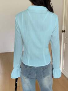 Teen Girls' French Waist Design Long Sleeve Flare Sleeve Ruffle Hem Casual Blouse, Suitable For Summer Daily Fashion Wear Fall Winter - Baby Blue - View 2