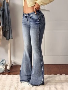 SHEIN Tall 女款復古辣妹風口袋裝飾低腰喇叭牛仔褲，適合高個女性 - 中等水洗藍 - 查看 3