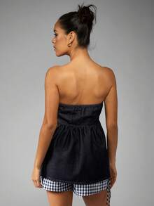 MISSGUIDED Denim Empire Waist Strapless Bandeau Top With Gingham Trim Summer Casual Festival Corset Style Tube Top Contrast Details