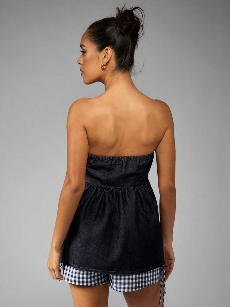 MISSGUIDED Denim Empire Waist Strapless Bandeau Top With Gingham Trim Summer Casual Festival Corset Style Tube Top Contrast Details