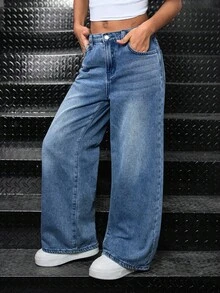 SHEIN Jeans droits en denim doublé thermique à taille haute ample et délavé pour préadolescentes, style années 90/Y2K, décontracté. Jeans évasés casual avec poches, pour l'automne/l'hiver, gardant au chaud, idéal pour les filles pour la rentrée scolaire, l'homecoming. Pantalon évasé streetwear vintage, jeans larges Y2K, jeans ample pour adolescentes. - Jean bleu - Voir 5