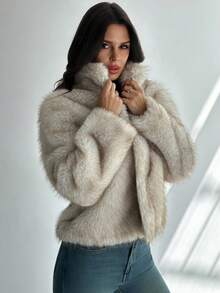 Firerie 女士休闲时尚高领宽松人造毛皮夹克，冬季 - 棕色 - 查看 6