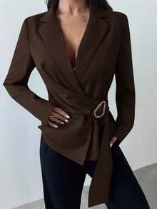 Firerie Damen Jacke mit Metalldekoration in Braun-Grau, Imitat Leinen, Anzugjacke/Herbstmode Damen/Herbstoutfits Damen/Herbstoutfits/Schulanfang/Homecoming/Business Lässig Damen/Old Money Stil Damen/Bürooutfits für Damen/Ausgehoutfits