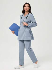 Scrubzie Anti-Wrinkle Long Sleeve Shirt And Long Pants 2 Pieces Scrub Uniform Set - Blue - View 3