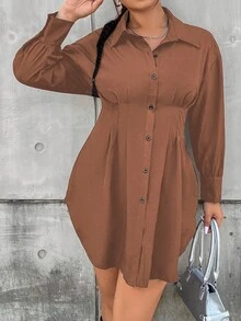 Vionelle Plus Size Women's Waist-Cinching Long Shirt Fall Cloth For Women - Coffee Brown - View 6