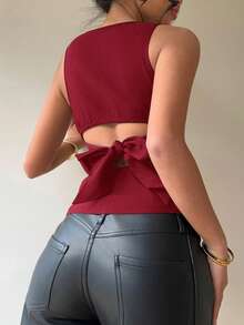 Aloruh Women's Commute & Casual Backless Bowknot Round Neck Sleeveless Black Shirt,Red Top