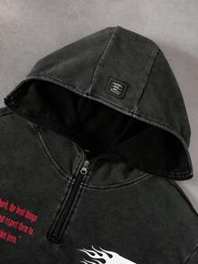 PAVTROS Manfinity Streetrush 男式简约印花长袖连帽衫，Y2k 拉链图案黑色连帽衫，2000 年代风格，秋季 - 黑色 - 查看 5