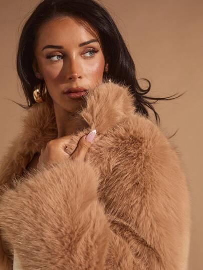 Glamine Chaqueta de moda de manga larga con cuello de piel sintética de unicolor para mujer, invierno