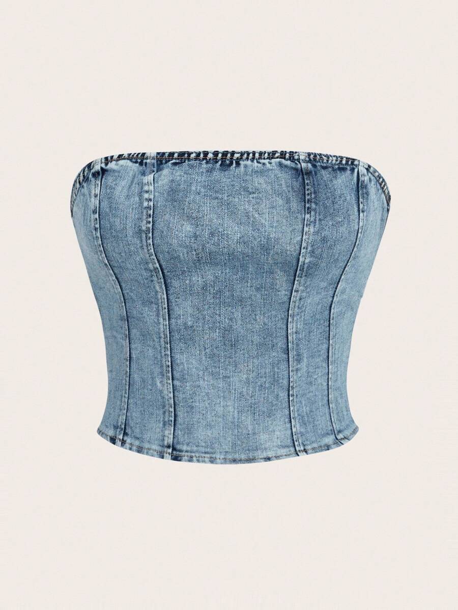 SHEIN MOD Women's Fashion Fitted Denim Tube Top, Suitable For Daily Wear - Medium Wash - View 1