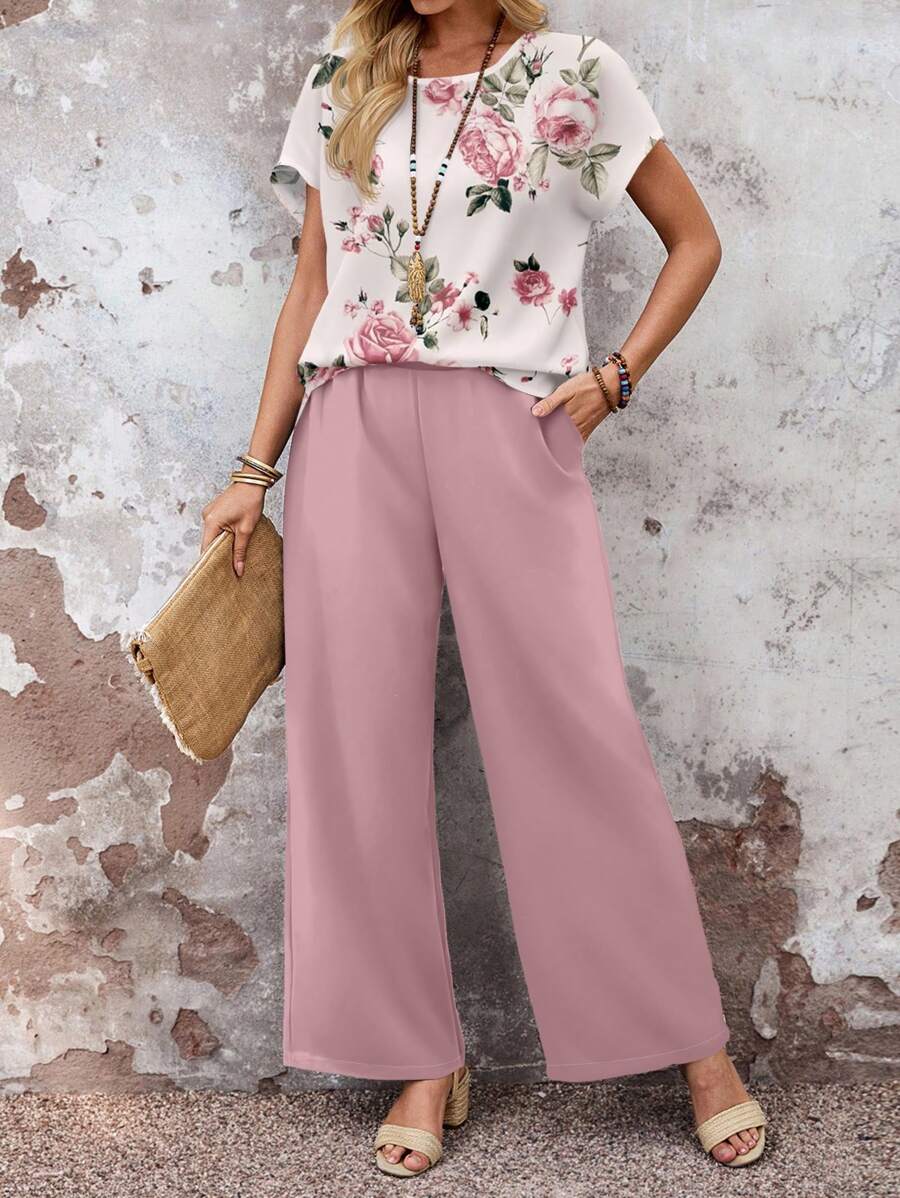 EMERY ROSE 2pcs/Set Women Casual Loose Fit Round Neck Top And Wide Leg Pants, Versatile Outfit For Spring/Autumn Wide Leg Pants Women Pants Women Women Wide Leg Pants Summer Pants,Casual - Multicolor - View 1