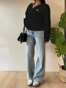 SHEIN EZwear Sudadera con capucha negra versátil y casual para mujer de talla grande