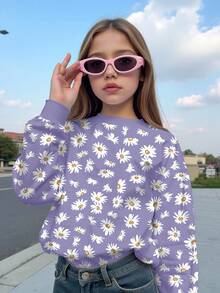 SHEIN Floral Pattern, Tween Girl Casual Loose Fit Crew Neck Comfortable Long Sleeve Sweatshirt,In Fall/Winter - Multicolor - View 1