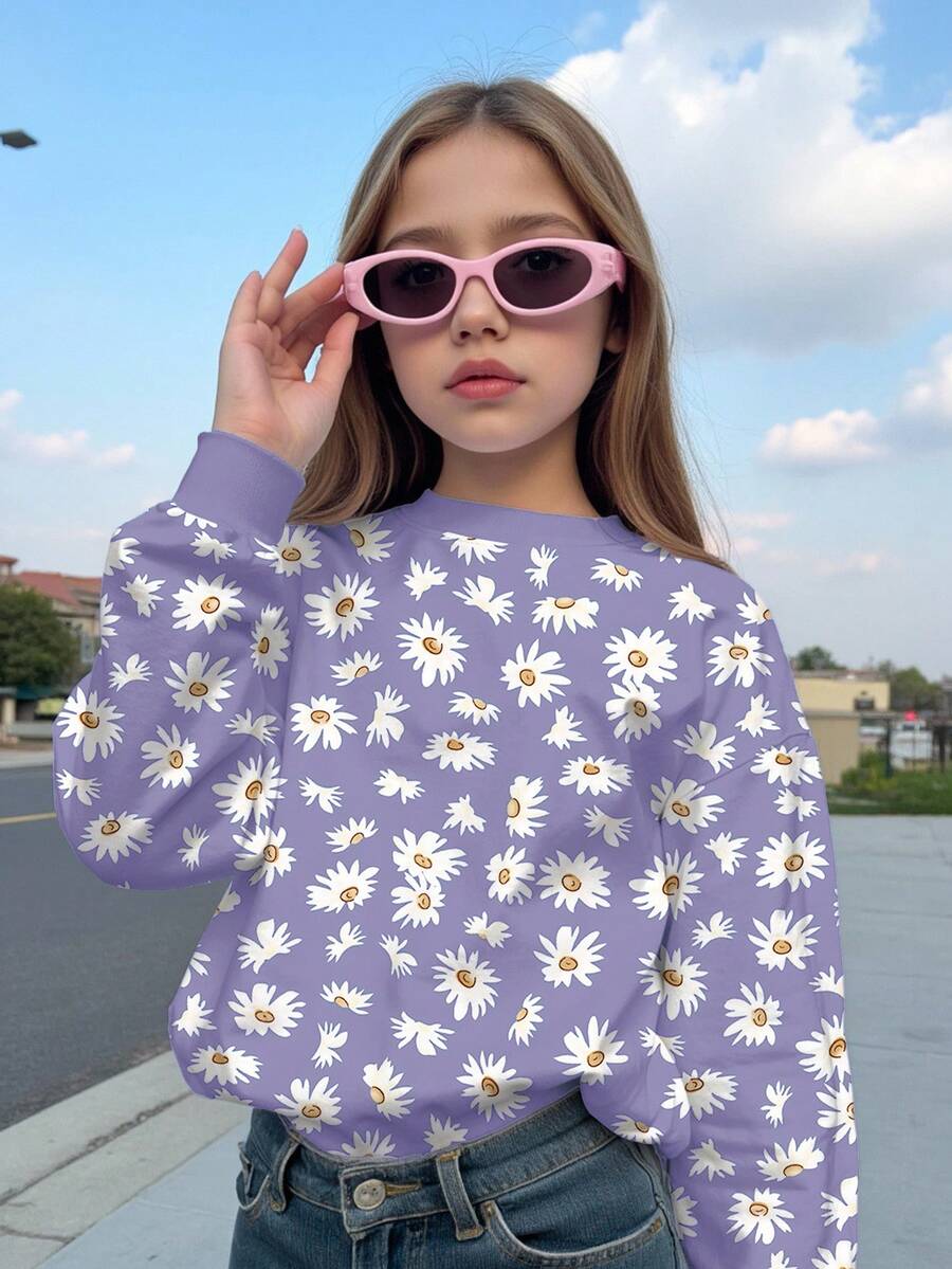 SHEIN Floral Pattern, Tween Girl Casual Loose Fit Crew Neck Comfortable Long Sleeve Sweatshirt,In Fall/Winter - Multicolor - View 1