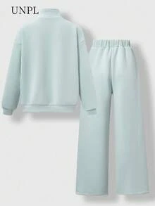 SHEIN 青少年男孩休闲立领拉链刺绣字母落肩长袖连帽衫和宽松阔腿裤套装，适合春季、秋季、冬季、郊游、上学、通勤、节日、派对 - 綠色 - 查看 7