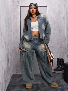 Jeanoix Plus Size Women's Fashionable Vintage Lace-Up Wide Leg Cargo Jeans Punk - Medium Wash - View 1