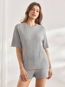 Ocili 女士休闲纯棉柔软宽松生菜花边上衣和短裤睡衣套装