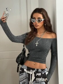 Coolane Girls Fall/Winter Daily Wear Essentials Knit Stretchy Comfy Asymmetrical Neck Long Sleeve Tops Gray Crop Top