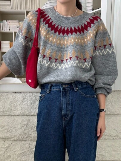 DAZY 女士圆领拼色菱形图案长袖休闲韩版毛衣，适合春秋季圣诞节、新年