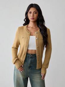 Rafferiza Cárdigan de manga larga de punto de diseño versátil y casual para mujeres - Caqui - Ver 3