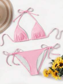 SHEIN Swim Women's Simple Solid Color Knotted Halter Split Bikini Swimsuit, Suitable For Beach Vacation, Summer