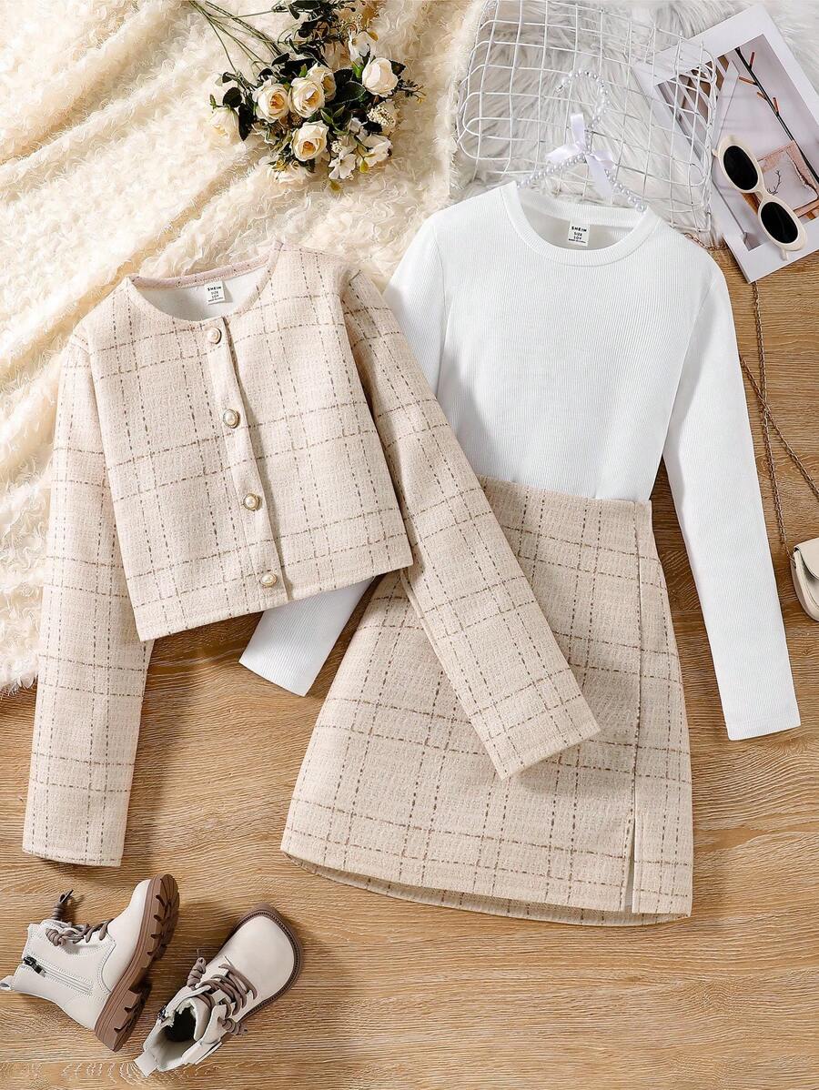 SHEIN 3pcs Girls Tween Girl Plaid Pattern Button Front Herringbone Skirt Suit Set, Elegant Long Sleeve Round Neck Jacket And Solid Color Round Neck Top