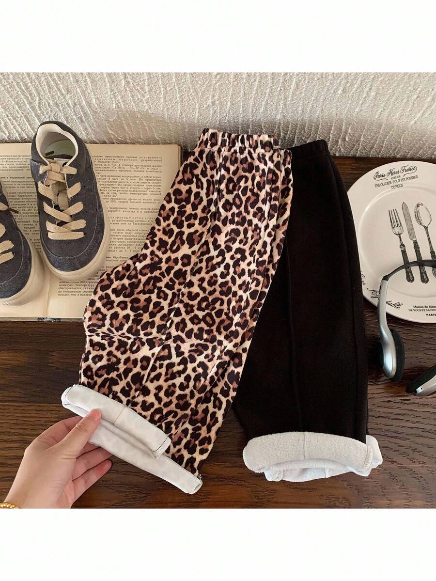 SHEIN 2 Stücke Baby Mädchen Leoparden Muster Strick Lässig Outfit Set - Verschiedenfarbig - Übersicht 1