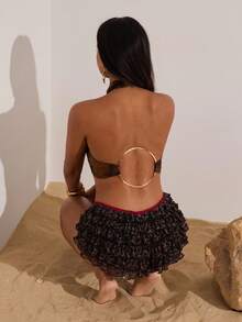 Opulessa Women's Brown 70s Summer Backless Round Ring Crop Top,Elegant Random Print Party Club Night Tops,Halloween Fall Winter Graduation Prom - Brown - View 5