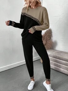 EMERY ROSE 女士休闲撞色毛衣和裤子两件套 女士运动服套装 女士慢跑套装 女士两件套休闲套装 女士运动裤套装 女士两件套休闲套装 - 棕色 - 查看 5