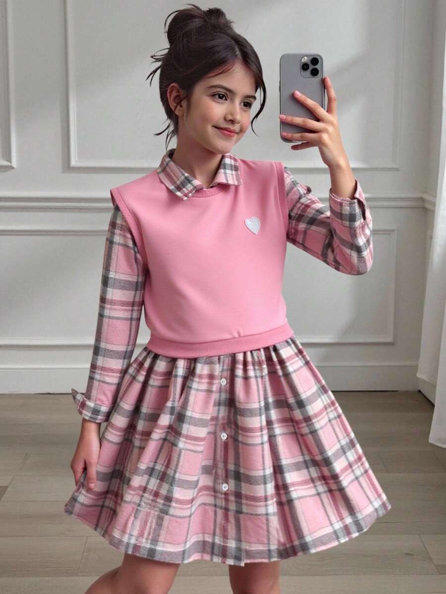 SHEIN Tween Girls Elegant College Style Back To School Plaid Shirt Dress With Long Sleeves+Heart Decor Knitted Vest Sweatshirt 2-Piece Set, Autumn/Winter Fall